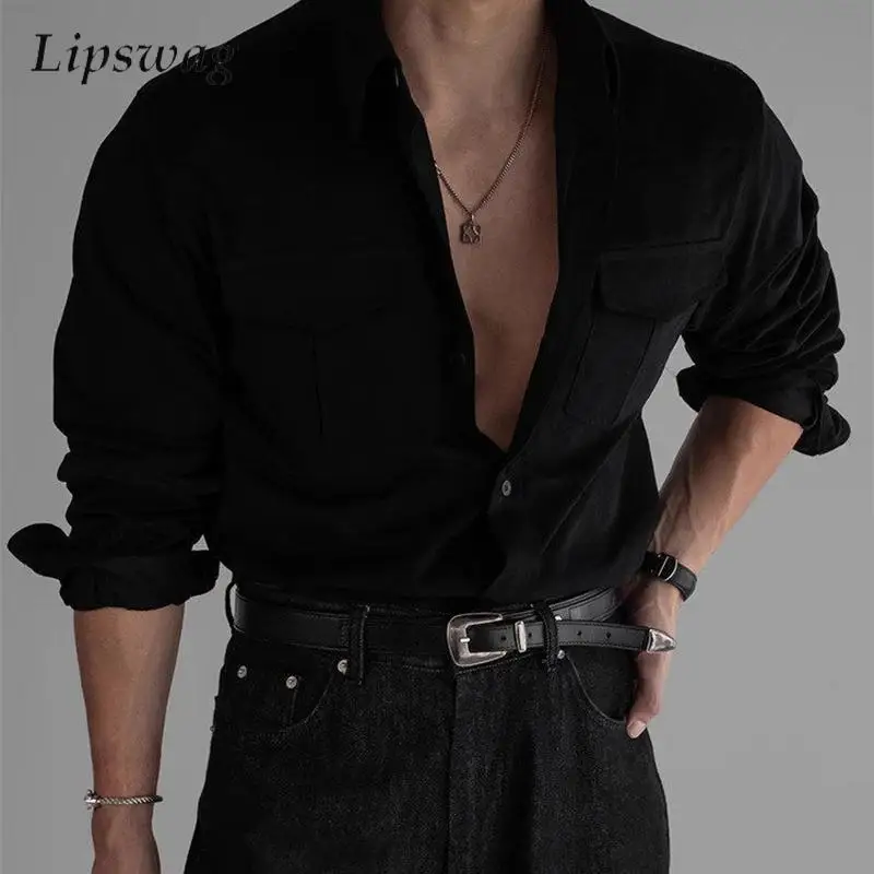 

Stylish Mens Solid Color Cargo Shirts Spring Vintage Turn-down Collar Multi Pocket Long Sleeve Shirt Men Casual Button-up Shirts
