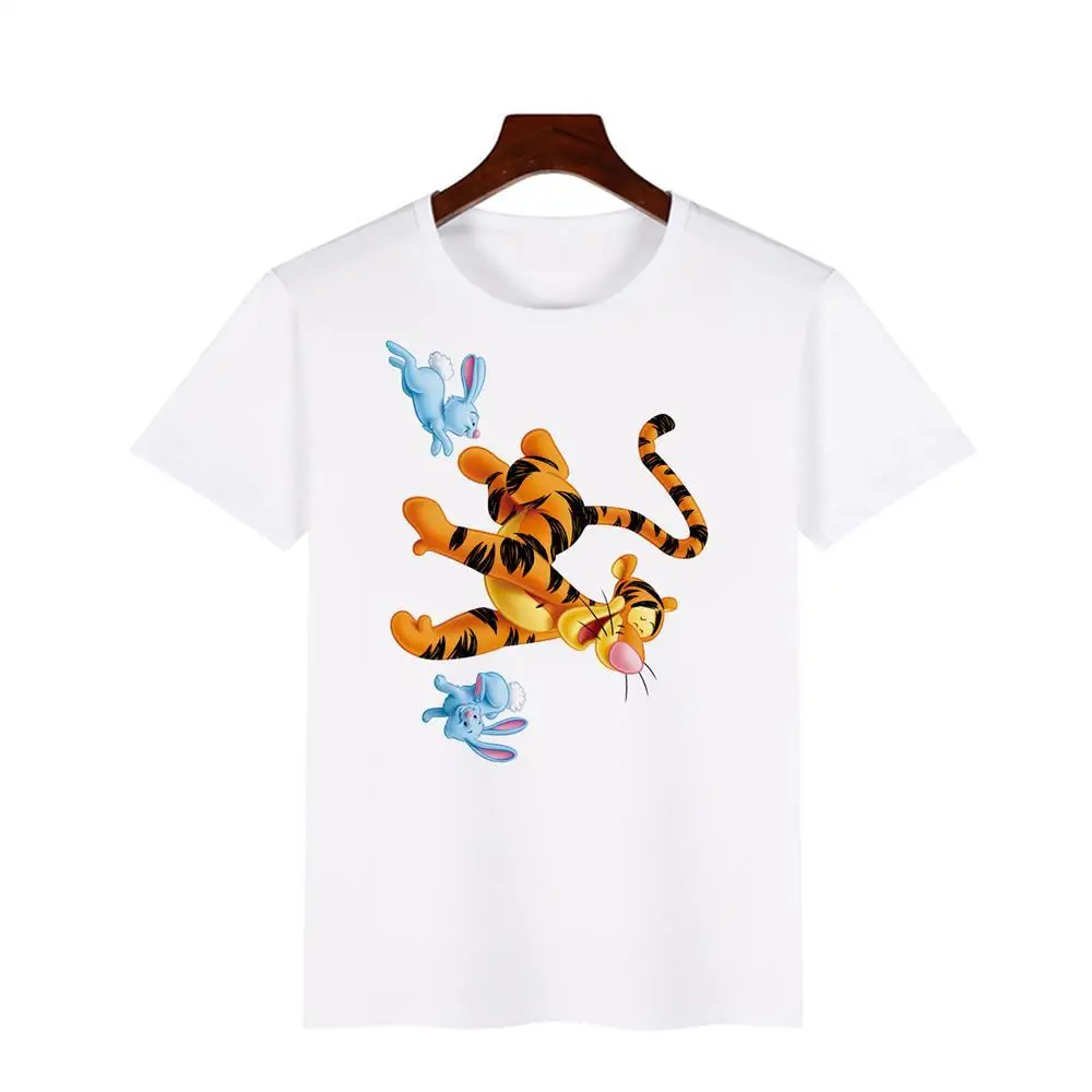 

Disney Winnie The Pooh Tigger White T Shirt Kids 2025 Summer Cotton Casual Tops Bouncing Tiger Design Two Blue Rabbits Playful