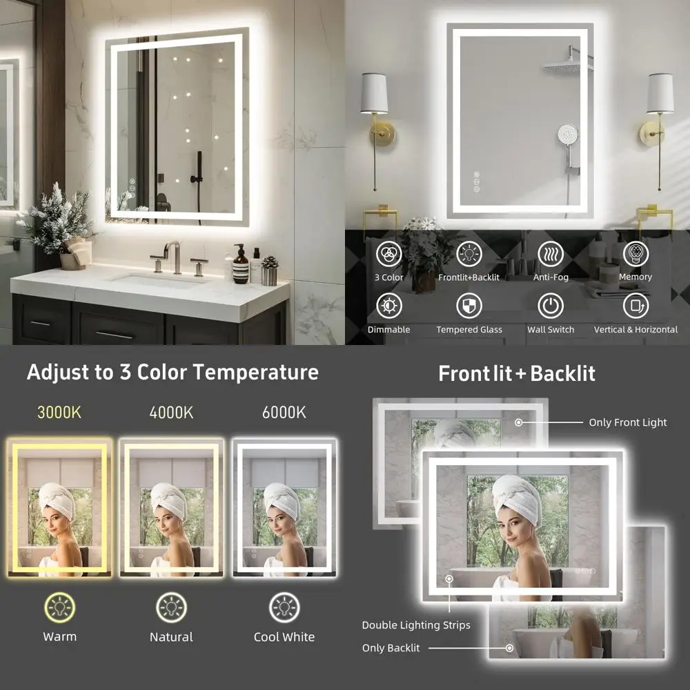 

Dimmable LED Bathroom Mirror with Double Lights, Backlit and Front Lit, 3 Color Options for Enhanced Illumination