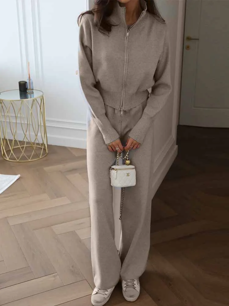 BKQU Autumn Winter Double Zipper Knitted Pants Set Women Casual Long Sleeve Pullover Sweater Wide Leg Trousers 2 Piece Tracksuit
