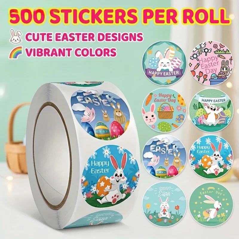 

Easter Bunny Egg Cartoon Paper Stickers 500Pcs Per Roll Self-Adhesive Holiday Labels for Gift Box Sealing Party Favors Decor