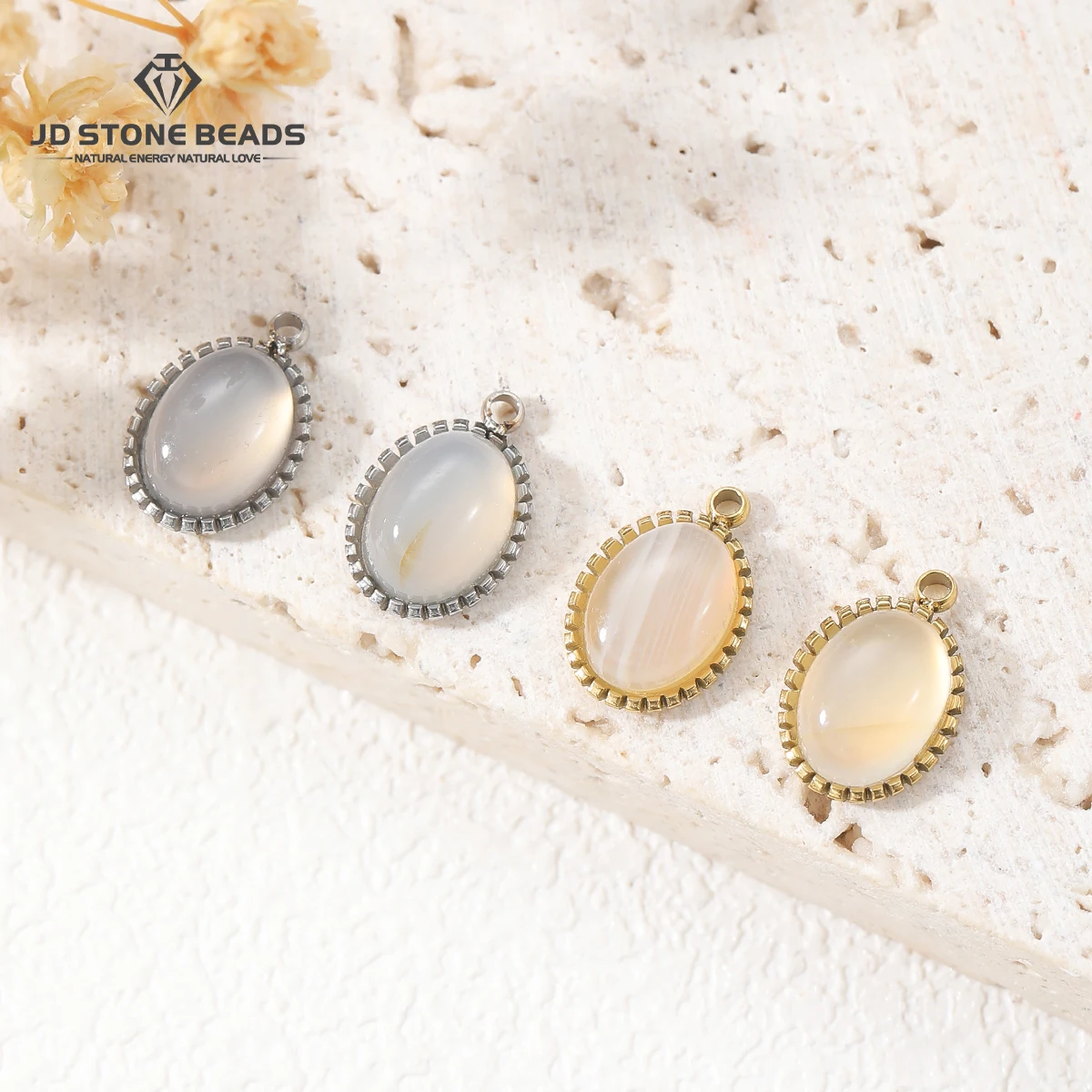 14K Gold Plated 304 Stainless Steel White Agate Oval Pendant Necklace Charm Eco Friendly Gemstone Jewelry Findings for Women