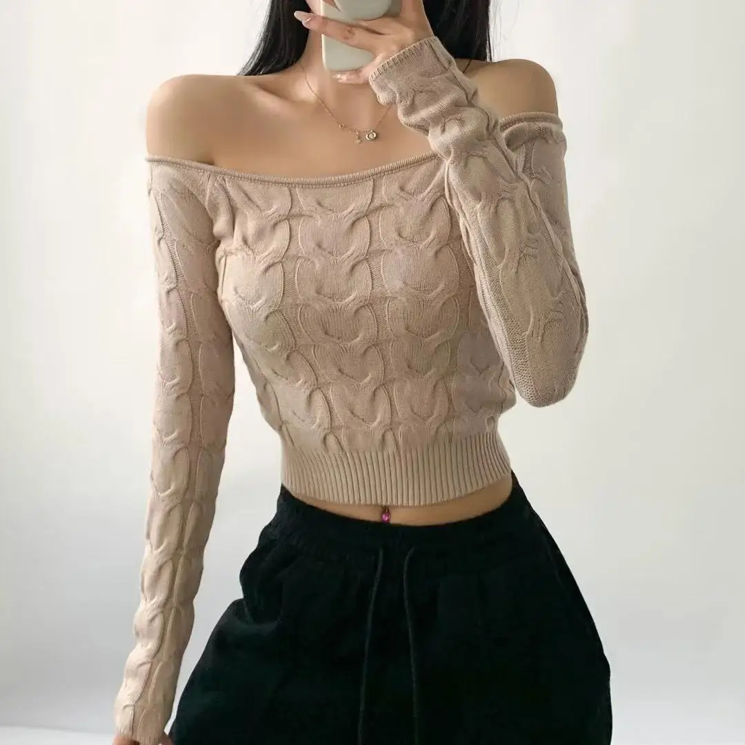 Sexy Off Shoulder Sweaters Women Long Sleeve Criss-cross Knitted Pullovers Solid Color