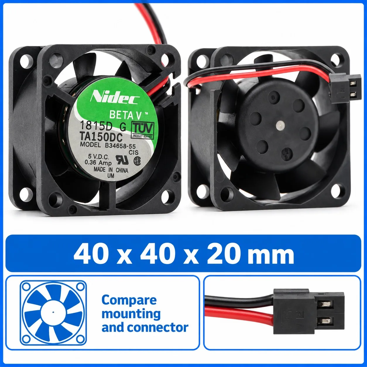 B34658-55 DC PC Case Cooling Fan 40x20mm 5V 0.36A 7000RPM Dual Ball Bearing 2-Pack