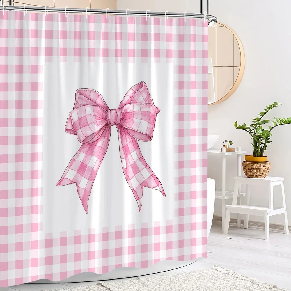 Pink Cute Bow Shower Curtain Fashion Stripe Plaid Girls\' Holiday Gift Polyester Fabric Shower Curtains Bathroom Decor With Hooks