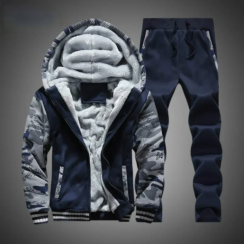 New Winter Fleece Thicken Men\'s Two-piece Zipper Sports Set Hooded Thermal Suit Casual Oversized Tracksuit 4XL 5XL Funny Suit