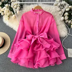 Women Perspective Women Ruffles Chiffon Shirts Spring Fall Multi-Layers Lotus Dress Bow Tie Belted Pleated Blouse Cardigan Tops