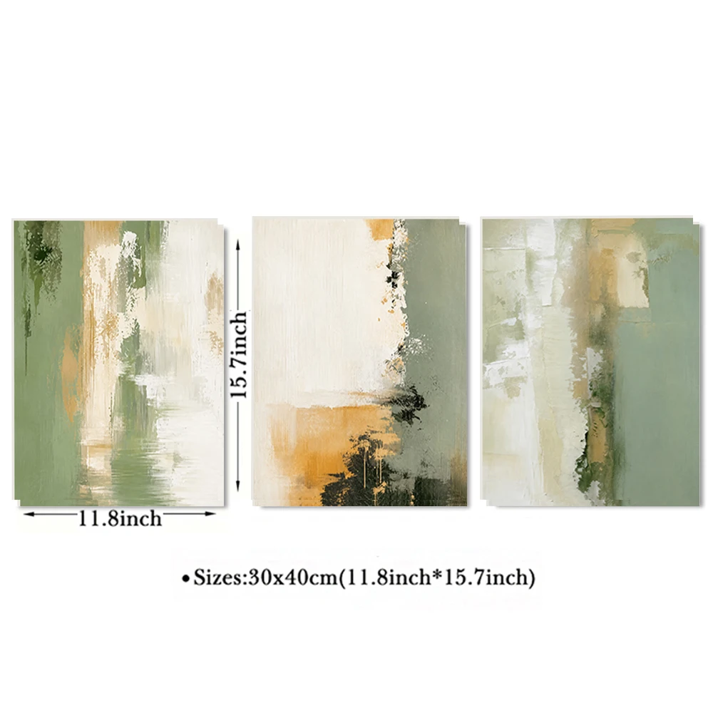 Set of 3 Abstract Sage Green Gold Canvas Wall Art Soft Neutral Modern Landscape Painting Bedroom Living Room Decor