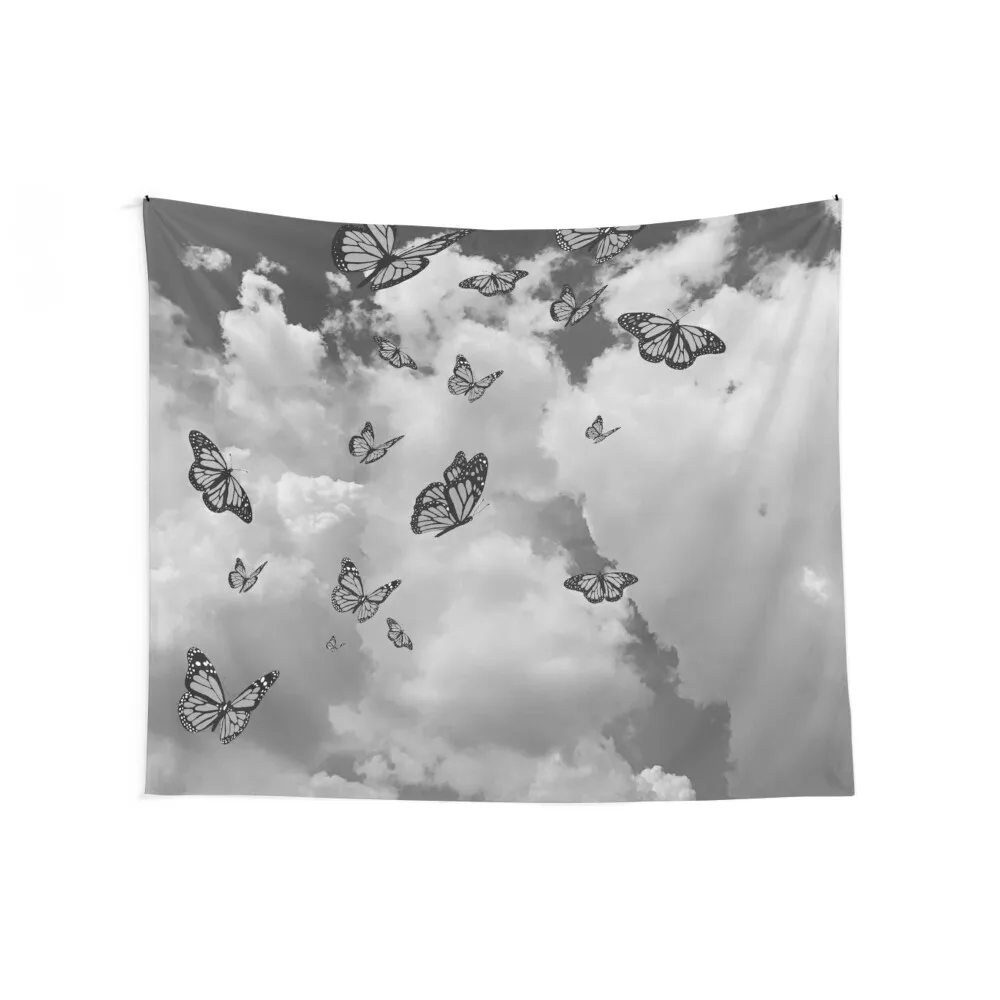 Monarch butterflies flying in the sky (Black and white) - Photography and illustration Tapestry Bedroom Decor Aesthetic Tapestry