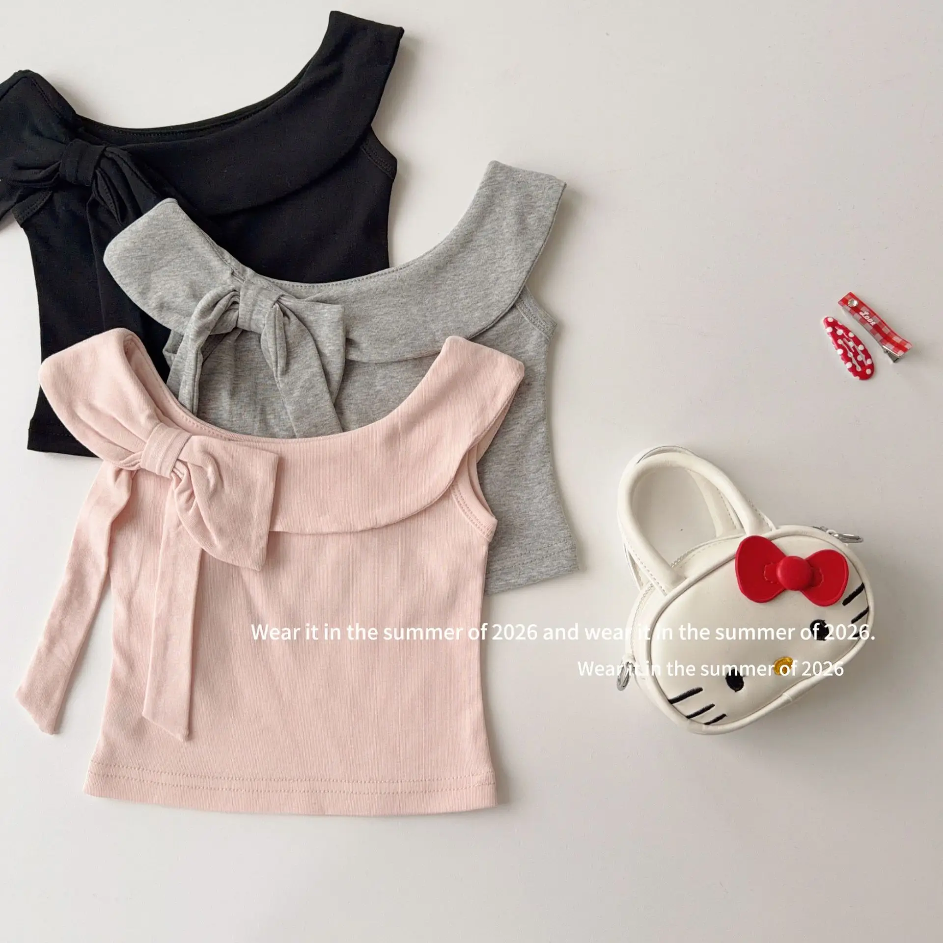 

Girls' Bow One Neck Short Sleeved T-shirt for 2026 Spring and Summer New Style Spicy Girl Solid Color Short Base Top