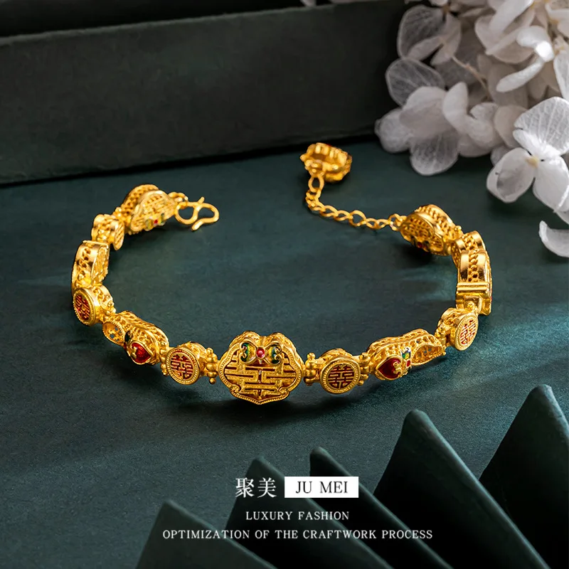 9999 24K real  gold store same style gold women's bracelet retro safe ethnic style beautiful jewelry