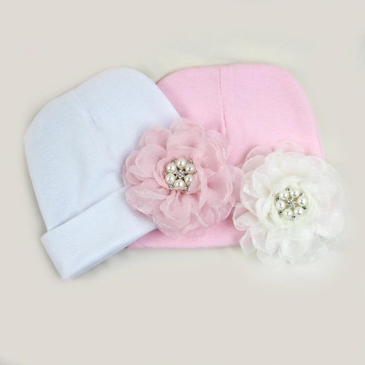 0-6 miesięcy Newborn Cotton Bonnet with Chiffon Flower Diamond Baby Girls Hospital New Born Hat Pink White Beanie Cute Hat for Baby