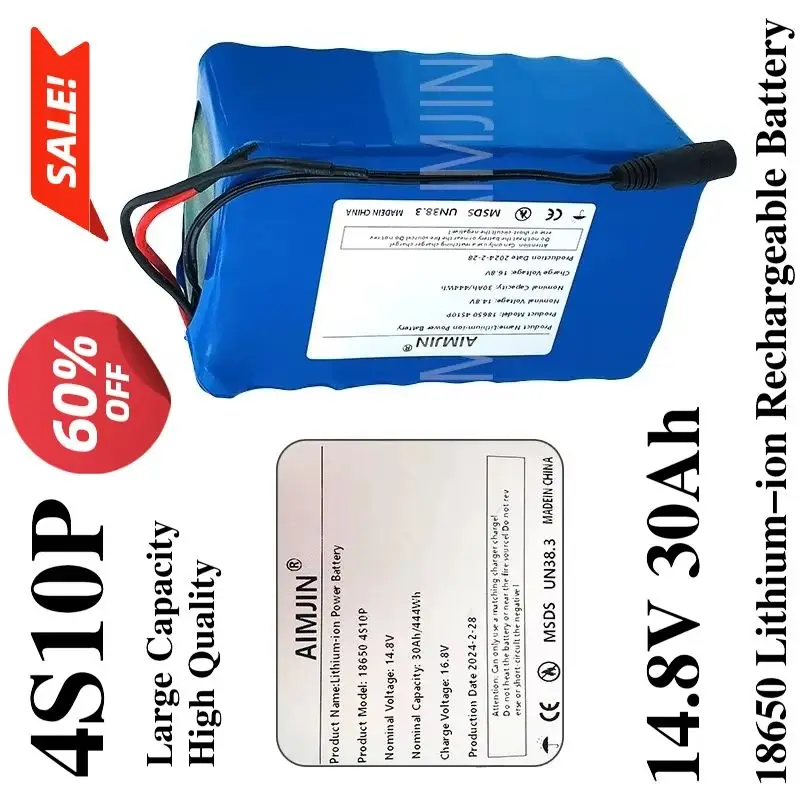 

14.8V 30Ah 18650 4S10P 444Wh Lithium-ion Power Battery withBMS for Inverter Smart Robot High-power Equipment Etc