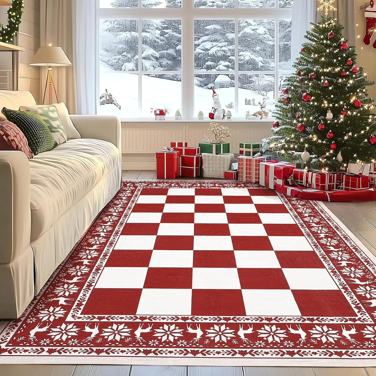 Garvee 5x7ft Area Rugs for Living Room, Checkered Christmas Rugs for Holiday Decor Non Slip Low Pile Washable Carpert for Dining Room, Bedroom Xmas Decor