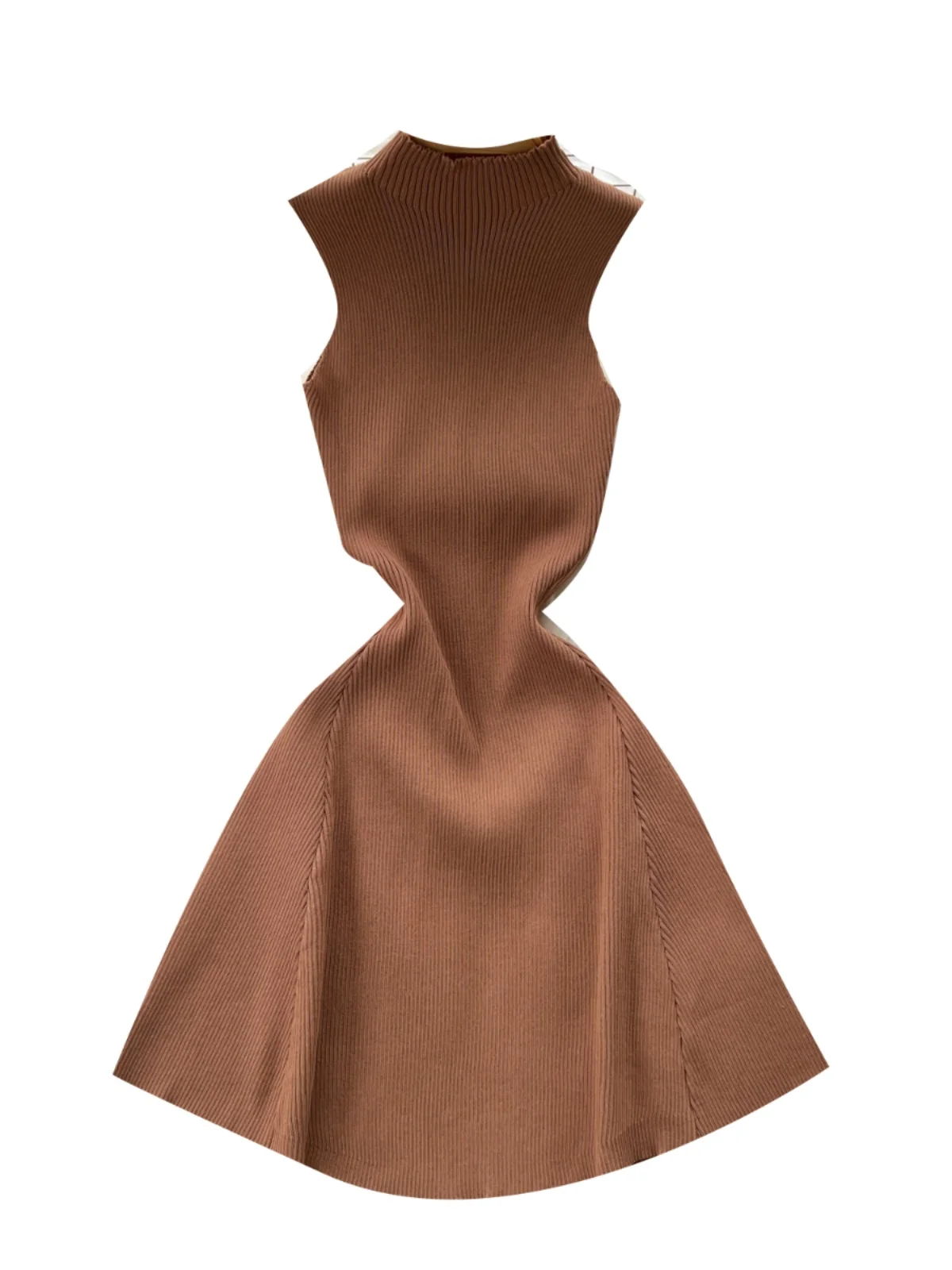 Foamlina Dea Abito in maglia ingombrante in vita 2025 Abito estivo slim fit con collo alto senza maniche A-Line Mini xshort Abito da ufficio con data