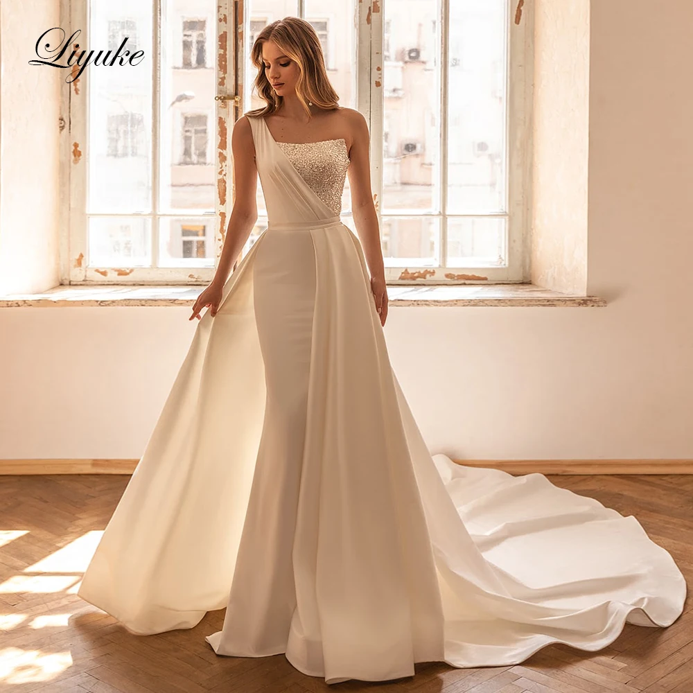 

Liyuke Elegant Satin 2 In 1 Mermaid Wedding Gowns One Shoulder Trumpet Bridal Dress With Removable Train