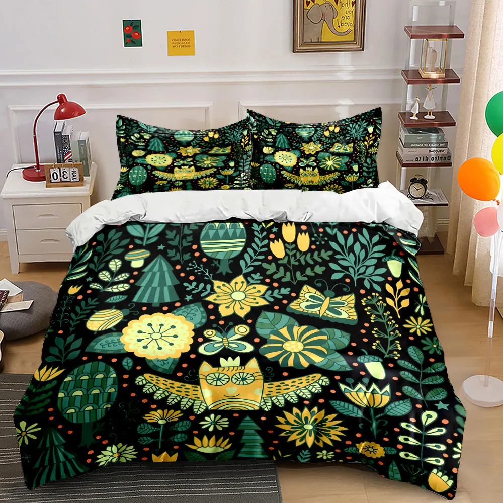 Forest-themed with flowers and insects Print Bedding Set 1 Duvet Cover 2Pillowcases for Adult and Children Luxury Gift Full Size