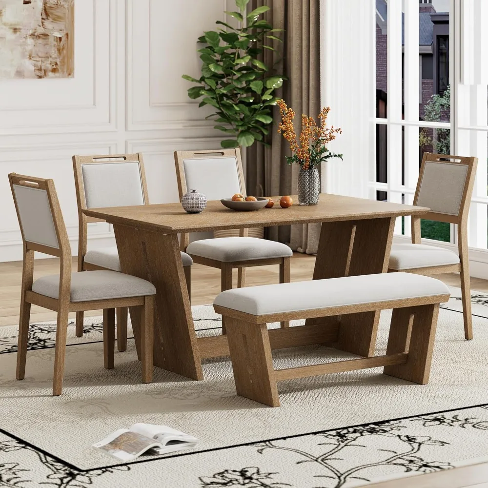 

6-Piece Retro Dining Set, 1 Rectangular Table with Stable Trapezoidal Table Base and 4 Upholstered Chairs and 1 Bench for Dinin