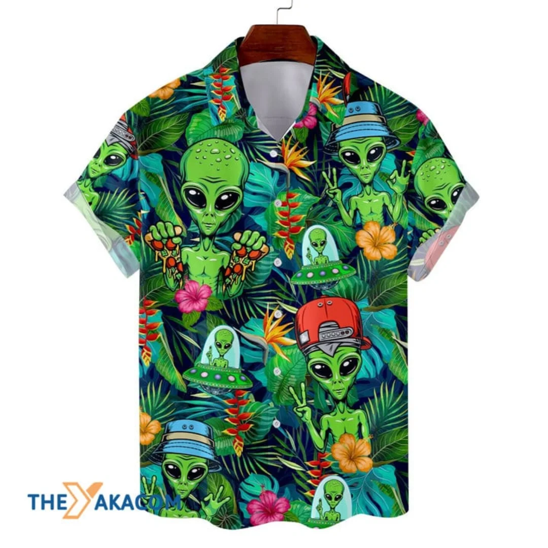 Tropical Alien Hawaiian Shirt for Men Women, Tropical Summer Beach Aloha Button Down Short Sleeves