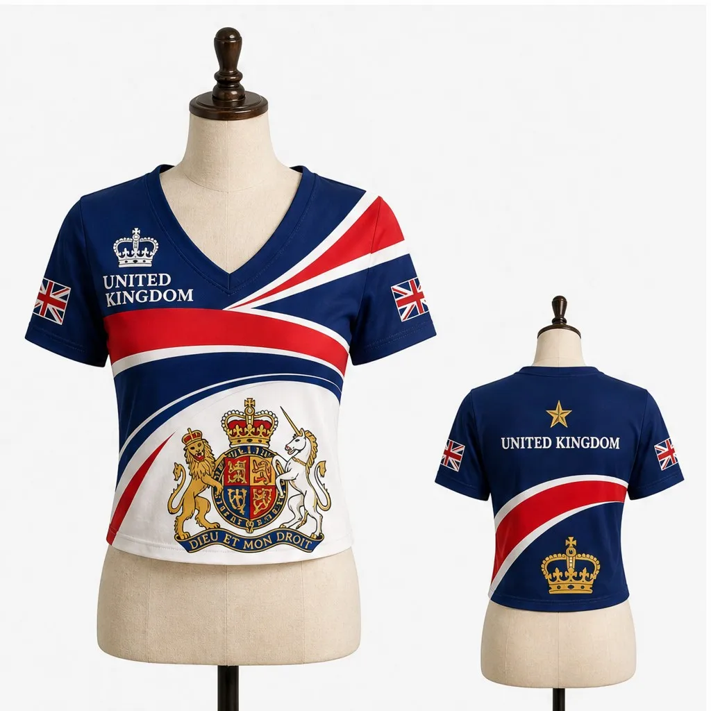 Women United Kingdom V Neck Crop Top Royal Crest Curved Stripe Print Short Sleeve Summer Casual Streetwear Fashion Tee for Women