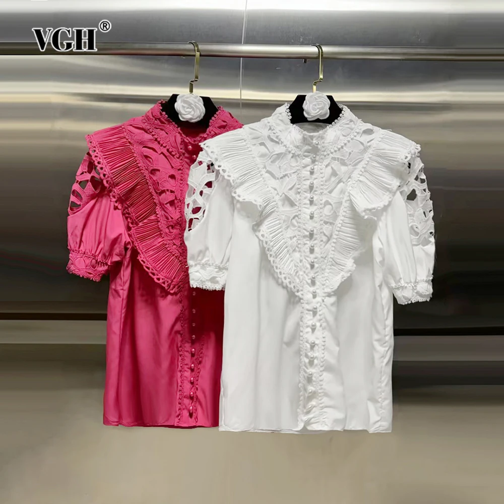 

VGH Solid Hollow Out Patchwork Ruffles Casual Blouses For Women Stand Collar Short Sleeve Slimming Blouse Female Fashion Style