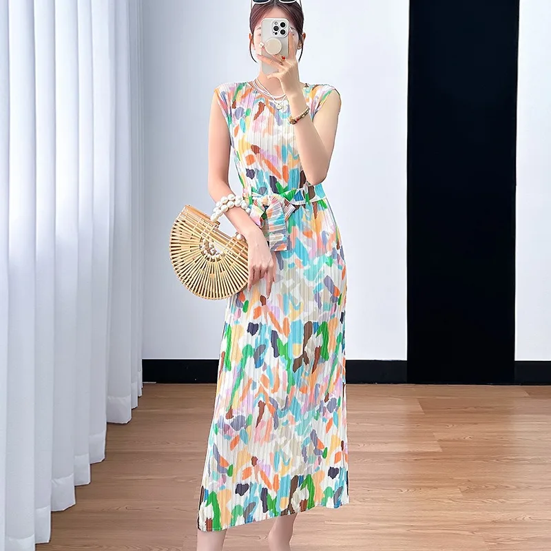 

Summer Women's Sleeveless Waist Tie Up Dress Slim Fit Straight Tube Oil Painting Print Countryside Style Mid Length Dress