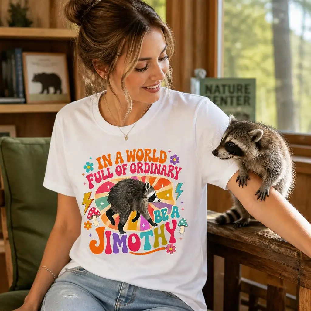 Raccoon Funny Jimothy from Seattle T-Shirts for Men Pure Cotton Tees Round Collar Short Sleeve T Shirts