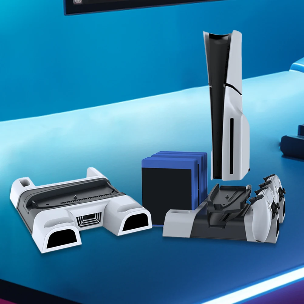 حامل تبريد عمودي لوحدة التحكم PS5 Pro/PS5 Slim/PS5 شاحن وحدة التحكم السريعة مروحة التبريد وحامل شحن منظم قرص الألعاب