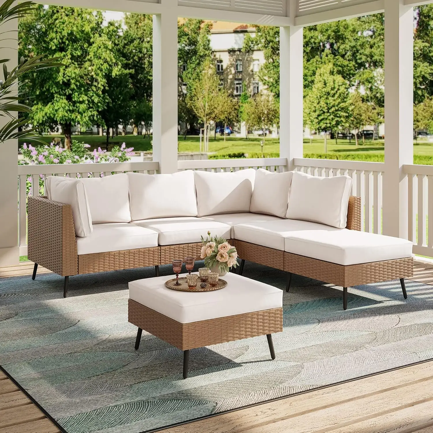 

Outdoor Sectional Sofa PE Rattan Wicker Patio Conversation Sets,All Weather Patio Furniture Set with Thick Cushions