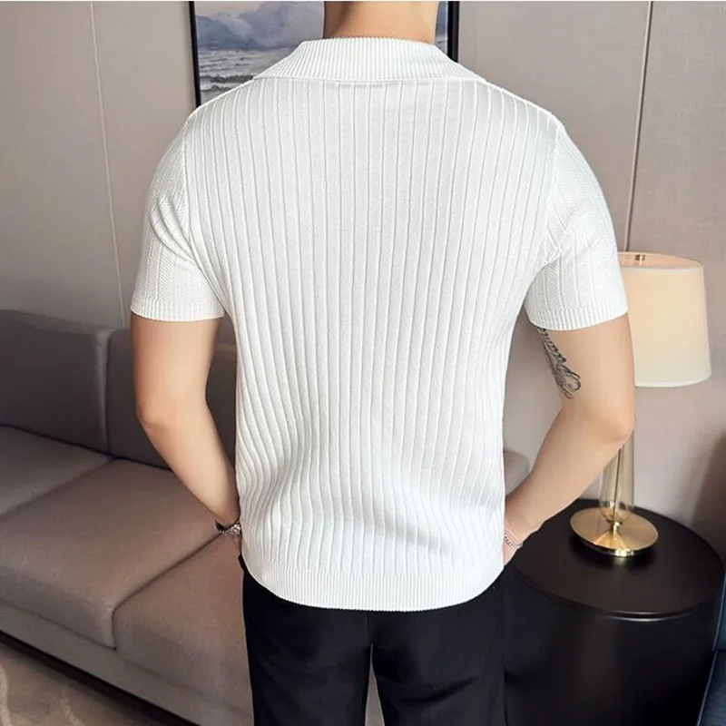 2024 Summer New Striped V-neck Knitted Polo Shirts Fashion Men‘s Short Sleeved Thin Breathable Casual Social T-shirt 4XL-M