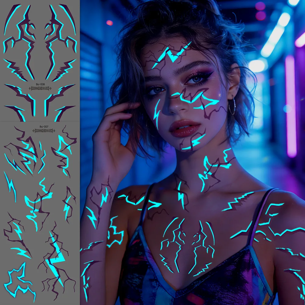 2Pcs Glow in the Dark Kpop Gothic Women Face Temporary Tattoos -Cool Blue Purple Lightning & Vein Body Art Waterproof Tattoos