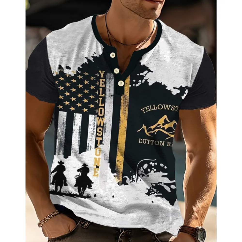 

Vintage T-Shirt For Men Denim Elements Graphic 3d Printing Short Sleeve Tee Male Oversized Clothing Tops Buttons Pullover