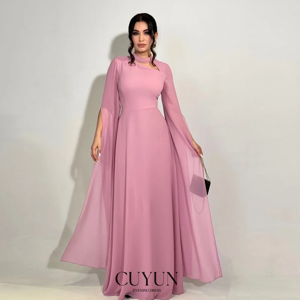 

CUYUN Elegant Chiffon Summer Event Women Evening Dresses Customized O-Neck Hollow Out Long Full Sleeves with Slit Prom Dresses