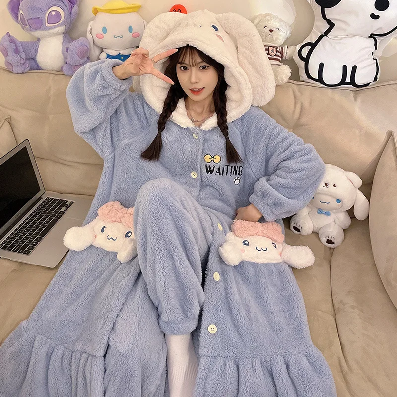 

Женский плюшевый пижамный комплект из 2 предметов, Kawaii Cinnamoroll Melody Hello Kitty, зимняя домашняя одежда, костюм с героями мультфильмов, утепленная мягкая ночная рубашка