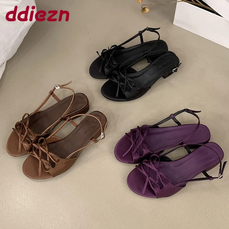 

Модные женские босоножки на низком каблуке с узлом-бабочкой, женская обувь на мелком каблуке, элегантные женские босоножки на каблуке с круглым носком