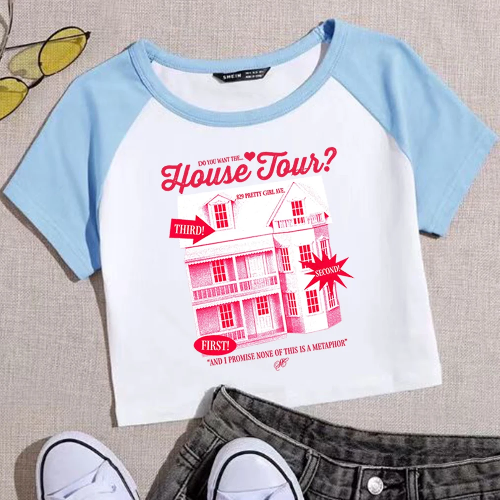 سابرينا كاربنتر هاوس جولة المحاصيل قمم تي شيرت الفتيات أزياء المرأة س الرقبة قصيرة الأكمام #4