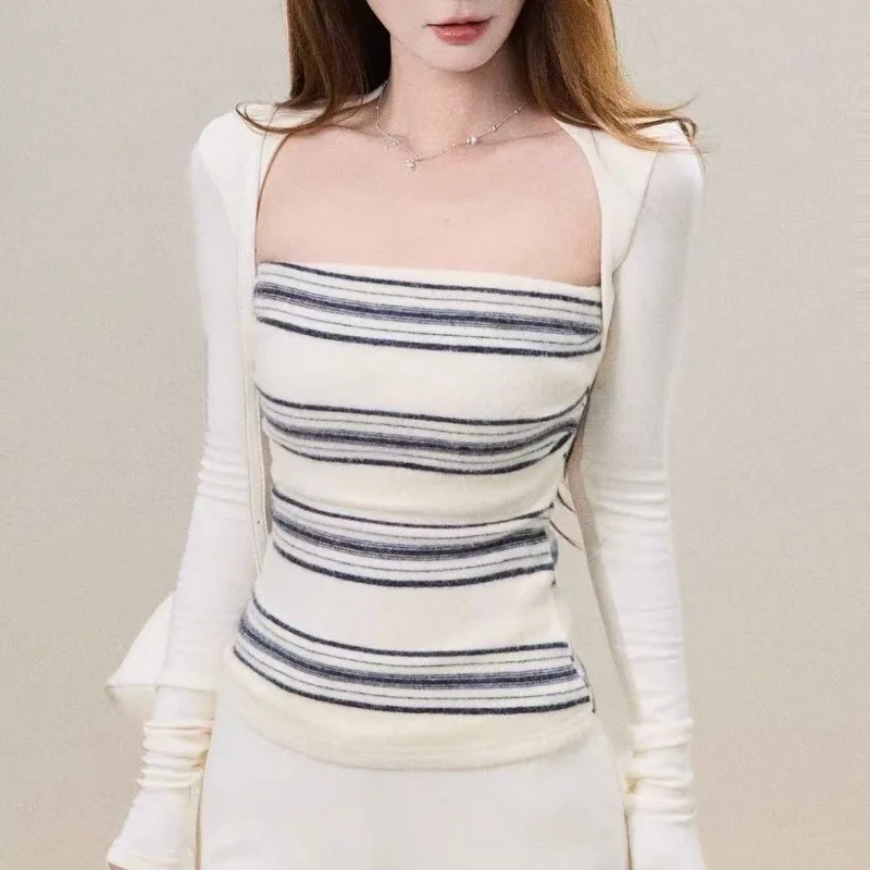 

Women's Vintage Square Neck Striped Patchwork Flare Sleeve Slim Fit Knit Top