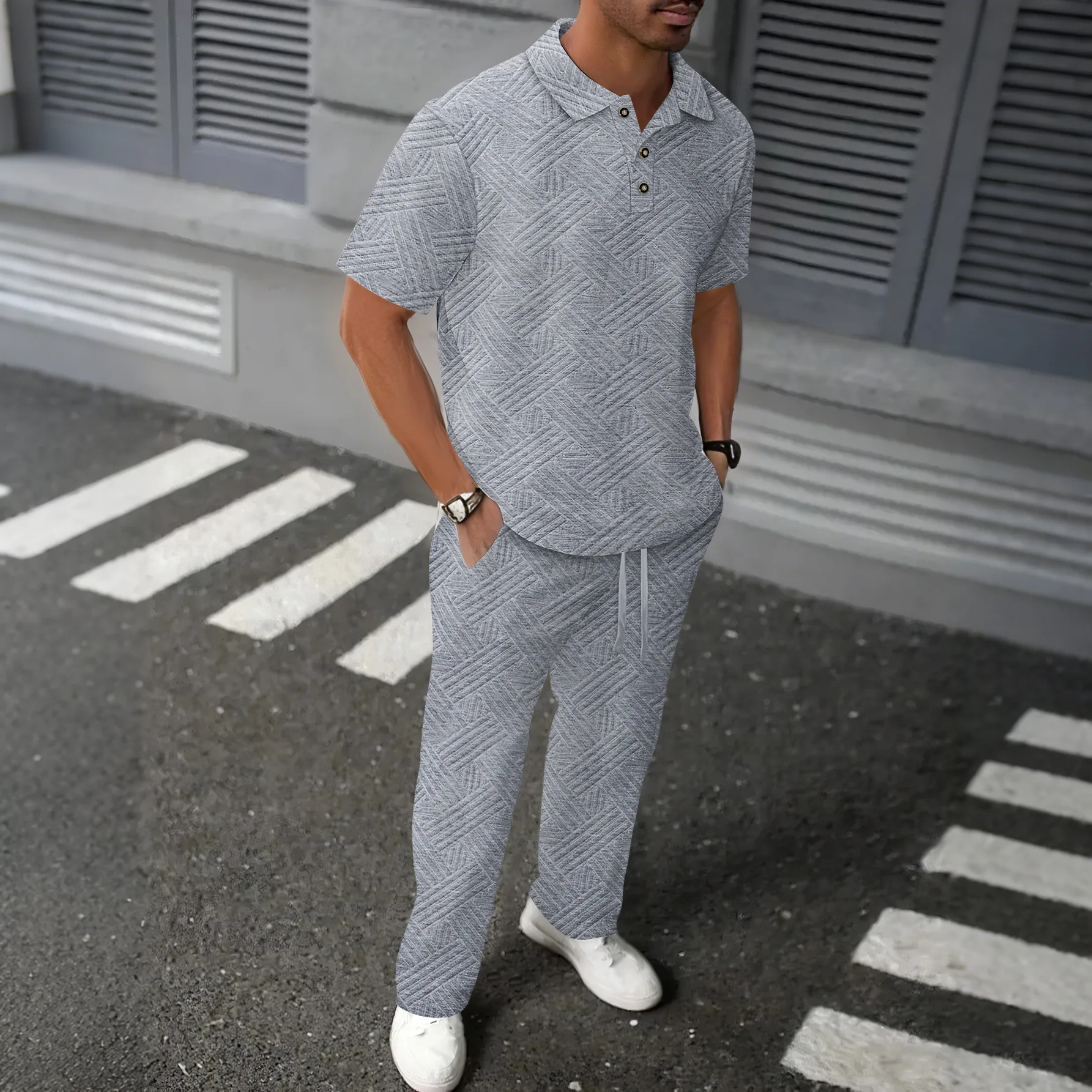 Picture 3: 2026 Men's Spring Autumn Geometric Textured 2 Piece Set Polo Neck Short Sleeve Shirt & Drawstring Pants Tracksuit