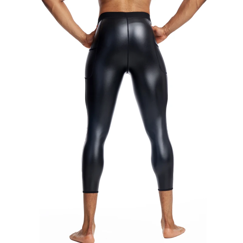 Pantalon en cuir taille haute pour homme, culotte de contrôle, sous-vêtement de compression, short de fitness commandé avec poche