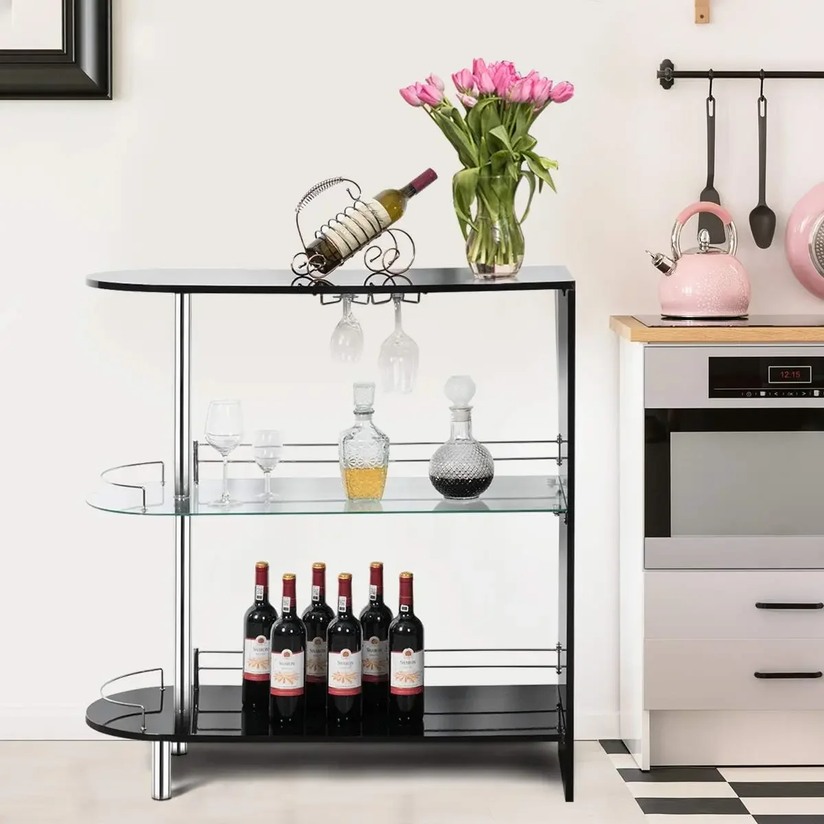 Bar Cabinets Table with 2-Holder, Modern Liquor Display Bar Cabinet with Tempered Glass Shelves