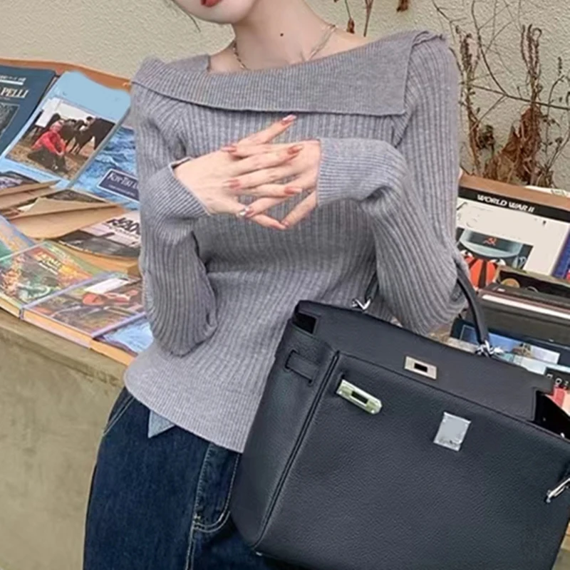새로운 숙녀 스퀘어 넥 원 숄더 가을, 겨울 긴 소매 니트 스웨터 부드럽고 편안한 캐주얼 바닥 풀오버