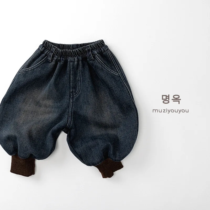 2025 شتاء جديد الأطفال الصوف سراويل جينز موضة الاطفال سراويل تقليدية الفتيان زائد المخملية سميكة الجينز طفل الفتيات بناطيل تدفئة #2
