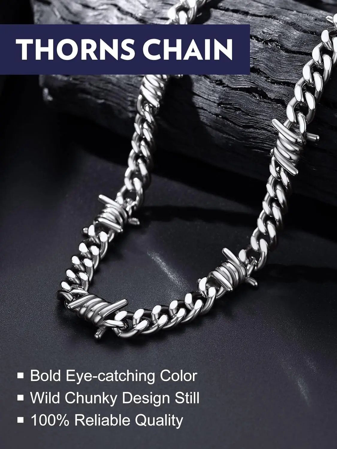 Barbed Wire Cuban Necklace for Women Men Stainless Steel/Black Gothic Thorns Skull Choker Necklace Punk Jewelry