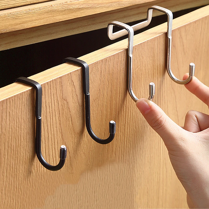 S-type Door Hanger Hook Stainless Steel Free Punching Cabinet Door Without Trace Key Clothes Hook Door Back Wall Mounted Hooks