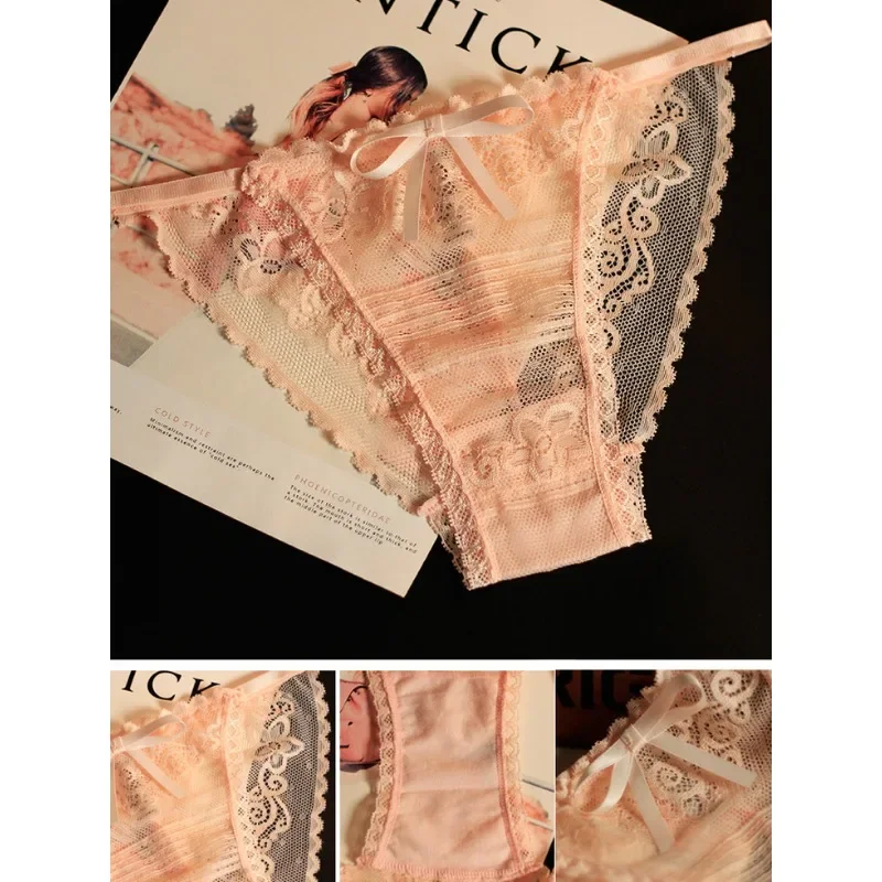 Luxury Sexy Seamless Transparent Lace Panties Bow Ladies Fashion Briefs Women Pure Cotton Crotch Breathable Low Waist Underwear