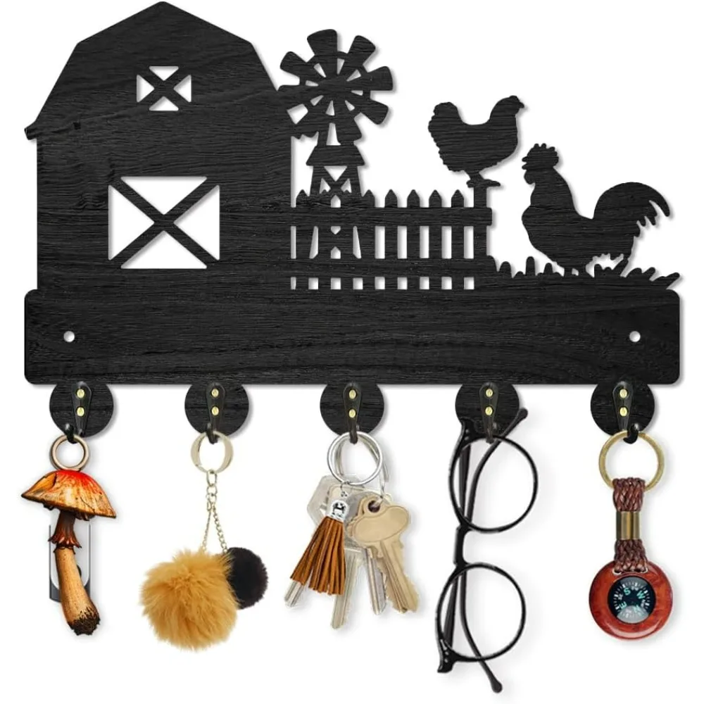 Farm Rooster Hen Wall Mounted Coat Rack Farmhouse Windmill Wood Key Hooks for Wall 11.8×7.9inch Black Key Holder Hanger Wall