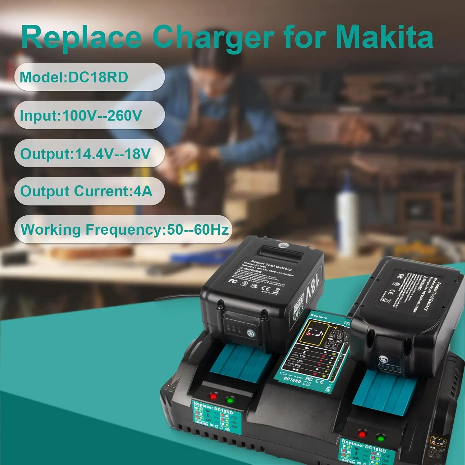 

18V Lithium Battery Charging Current 4A/6A for Makita Dual Ports Li-ion Battery Fast Charger DC18RD with USB Power Tool