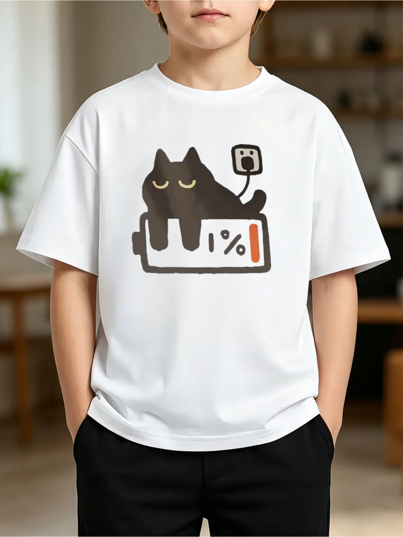 Children T Shirt Lovely 1% Battery Sleeping Black Cat Plug Socket Cartoon Print Short Sleeve Soft Cotton Kids Daily Outfit