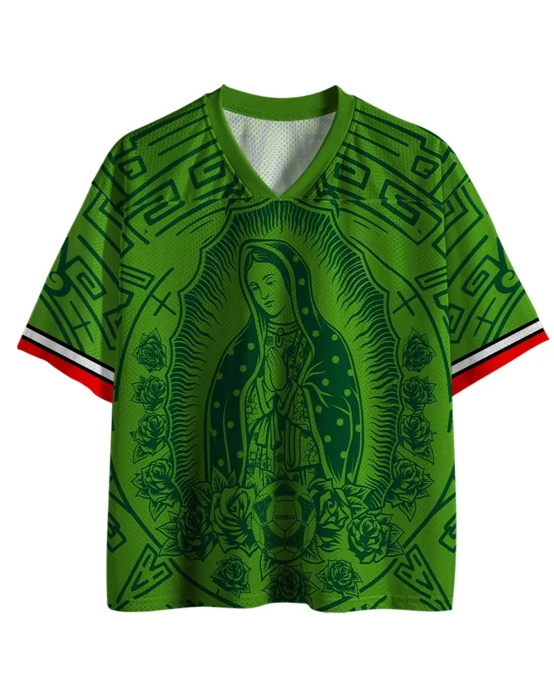 Unisex Aztec Tribe Mexico Printed Mesh Jersey Breathable V-neck Short Sleeve Guadalupe Virgin Rose Football Fan Jersey
