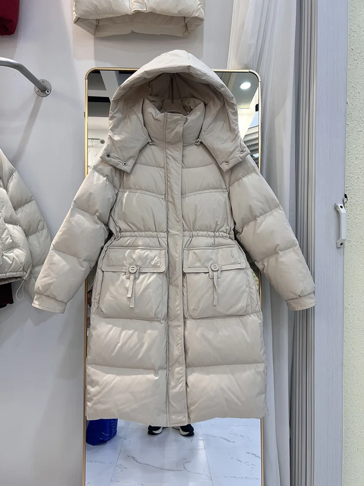

2025 Winter New Long Down Jacket Women's Detachable Hat Drawstring Large Pocket Design Sense White Duck Down Coat